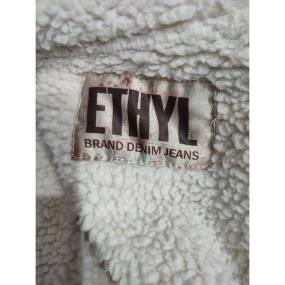 Ethyl Sherpa Lined Jean Jacket Womens Large Green Button Up Pockets Collared - Picture 6 of 7